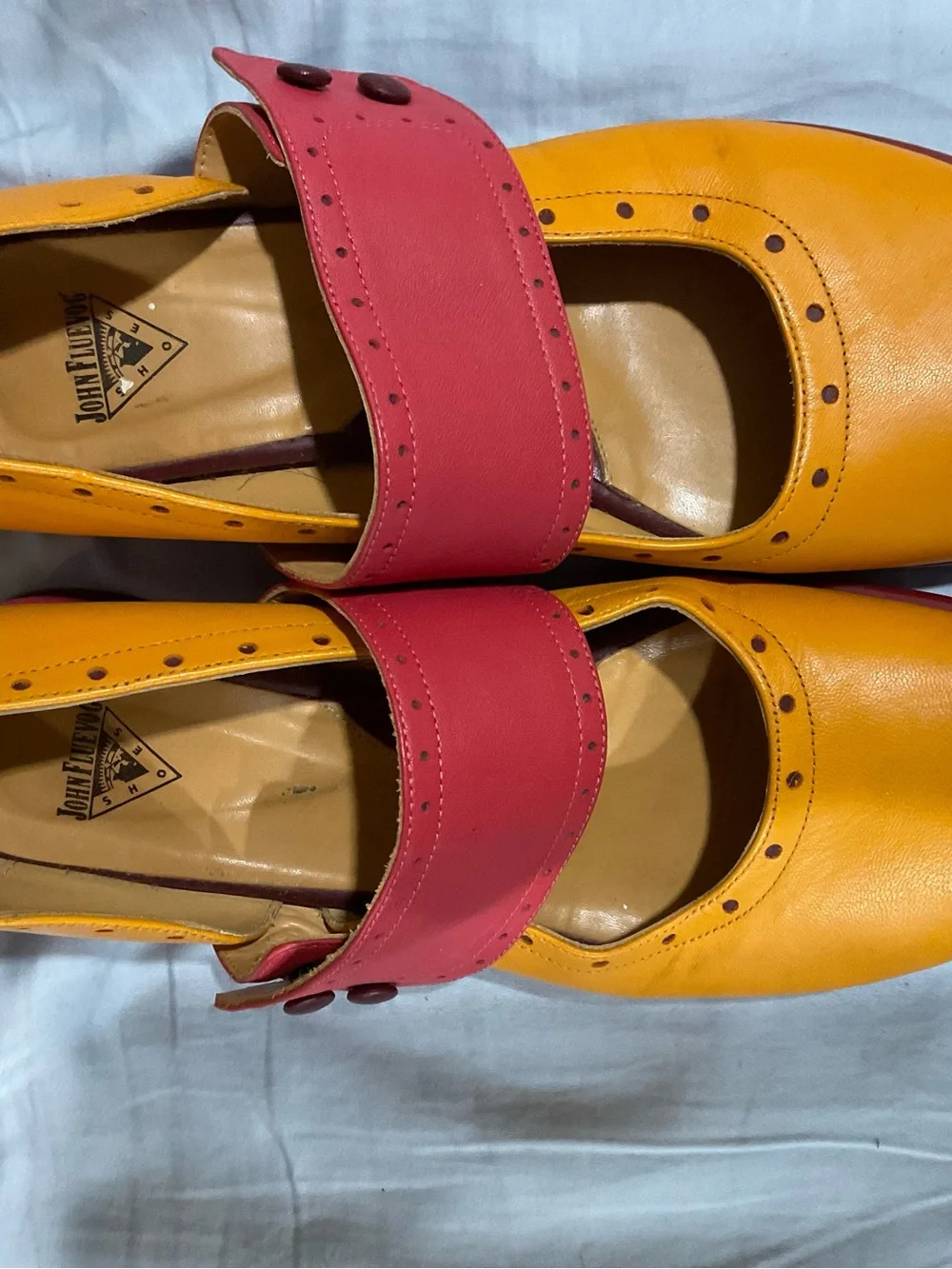 John Fluevog Women’s Mary Jane Shoes in Mustard Yellow with Coral